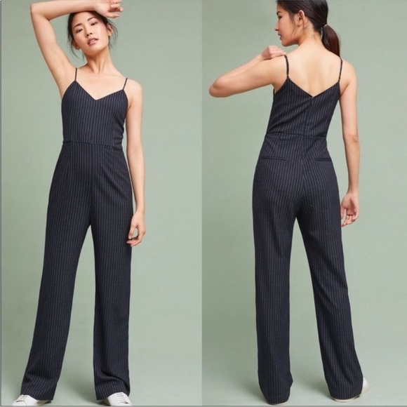 By Anthropologie • Navy Blue Pinstriped Jumpsuit Sz 14 Spaghetti Strap Casual - Picture 2 of 11